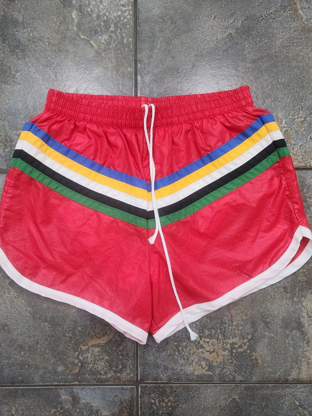Vintage 70s Men's Small 28" Waist Colorful Striped Lined Nylon Swim Trunks